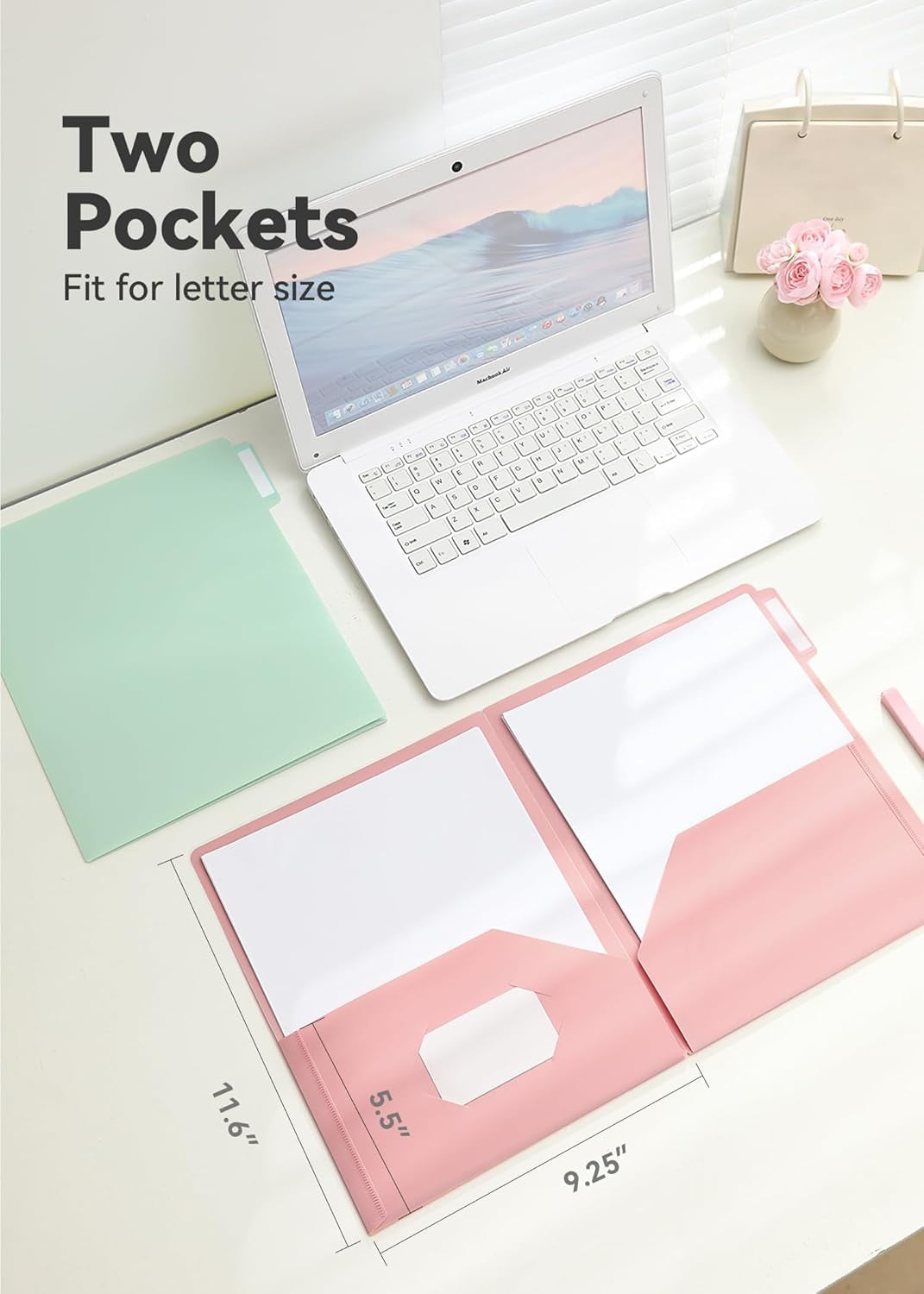 Plastic Folders with Pockets Hole Punched, Pastel Pocket Folders for Ring Binder, Unique Tabs with Colorful Labels, School Folders, Letter Size