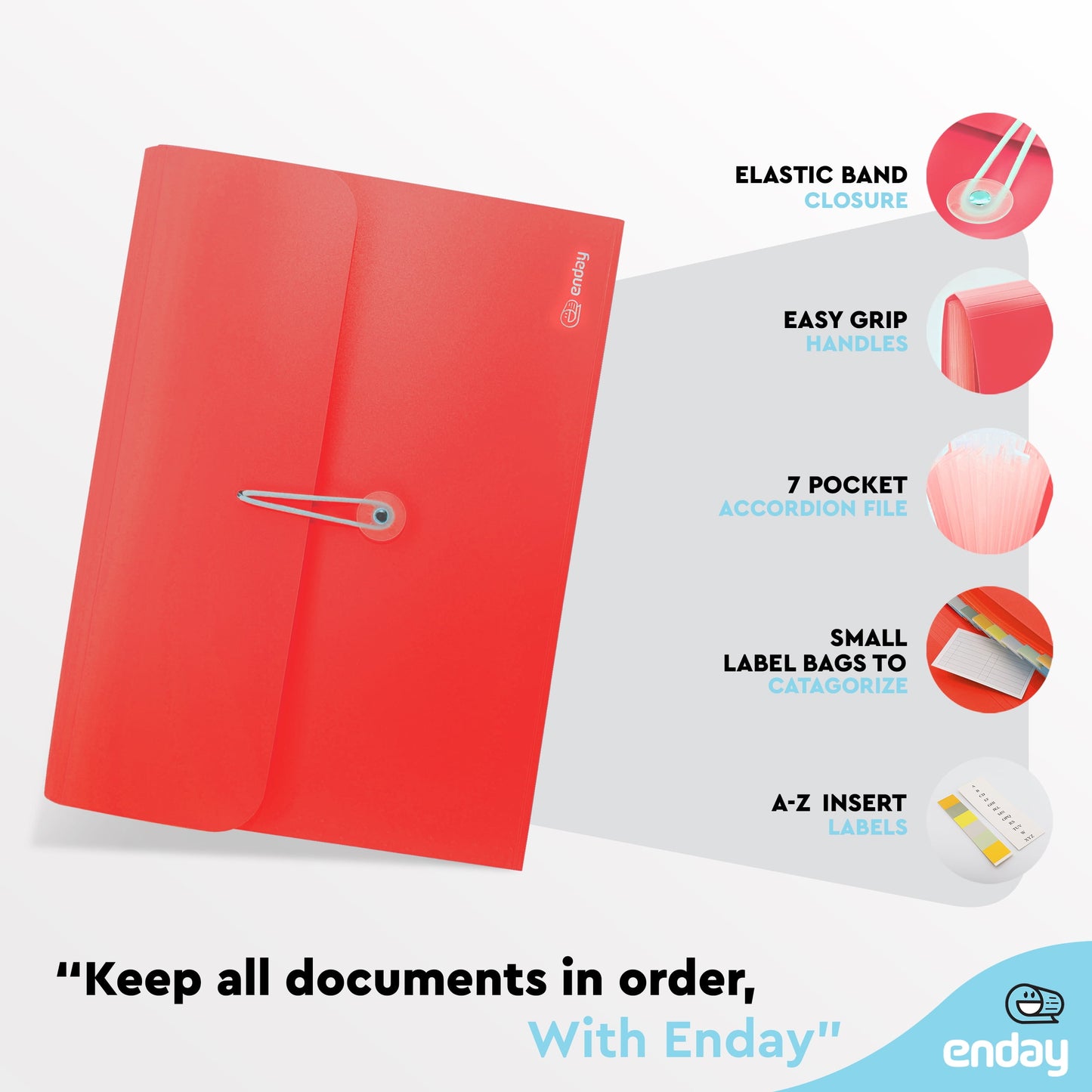Accordian File Organizer, 7 Pocket Expanding File & Cover Folder with Labels, Plastic Portable Desktop Supplies Letter A4 Paper in Red and Grey (2 Pack) – by Enday