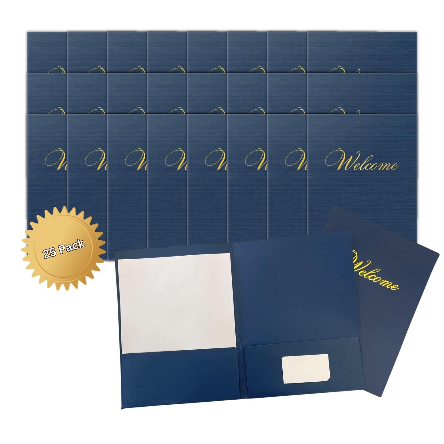 Welcome Packet Folders Dark Blue Linen Full Size with Two Pockets 25 pk 9x12 Gold Foil Membership, Church, Team, New Hire, Visitors Business Card Insert HR Professional