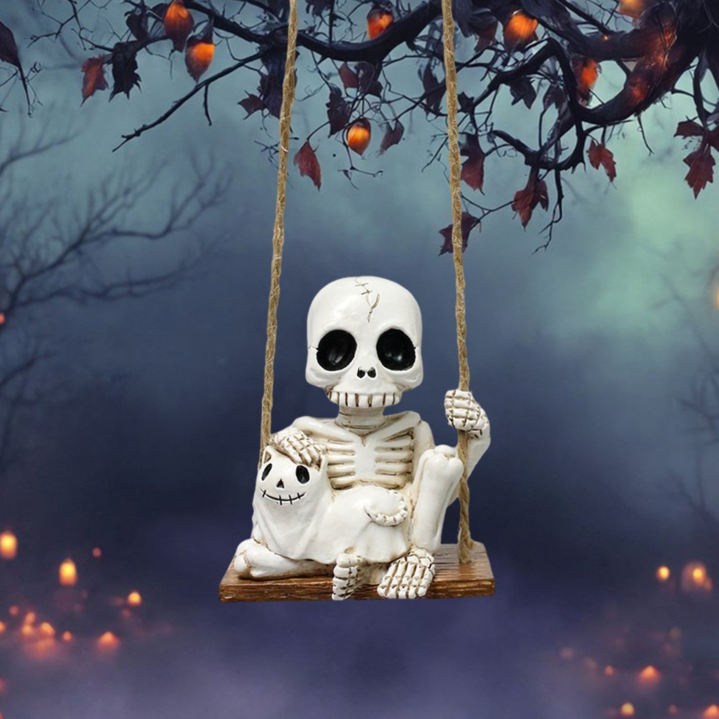 Halloween Skeleton Swing Decoration with Ghost Cat | Resin Garden Statue 3.15in | Outdoor Halloween Decor, Patio & Porch Hanging Ornament
