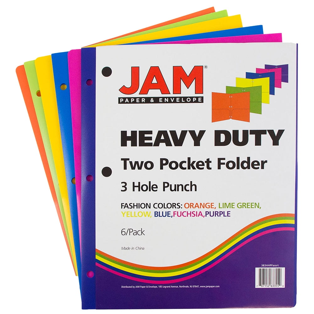 JAM Paper Plastic Heavy Duty 3 Hole Punch Pocket Folders, Assorted Fashion Colors, 12 Pack
