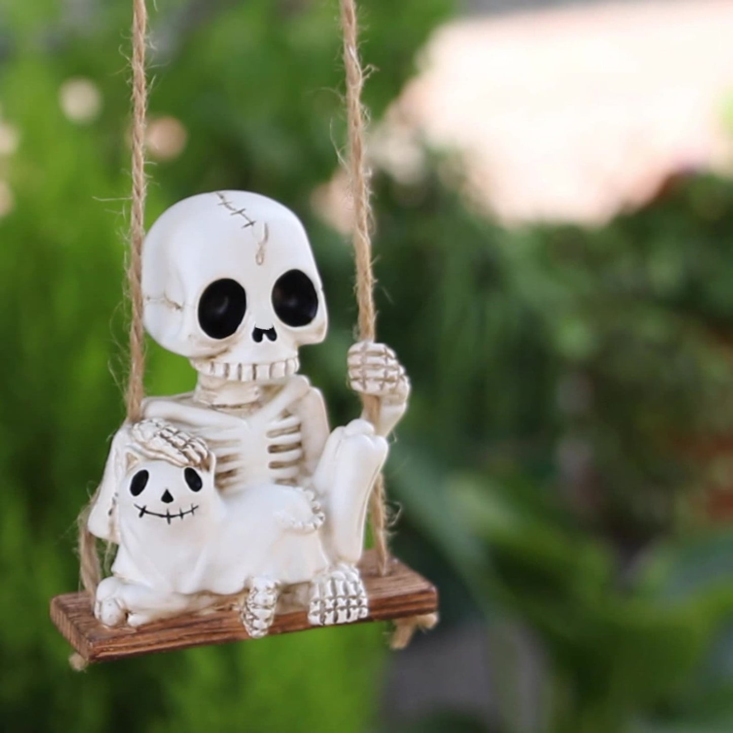 Halloween Skeleton Swing Decoration with Ghost Cat | Resin Garden Statue 3.15in | Outdoor Halloween Decor, Patio & Porch Hanging Ornament