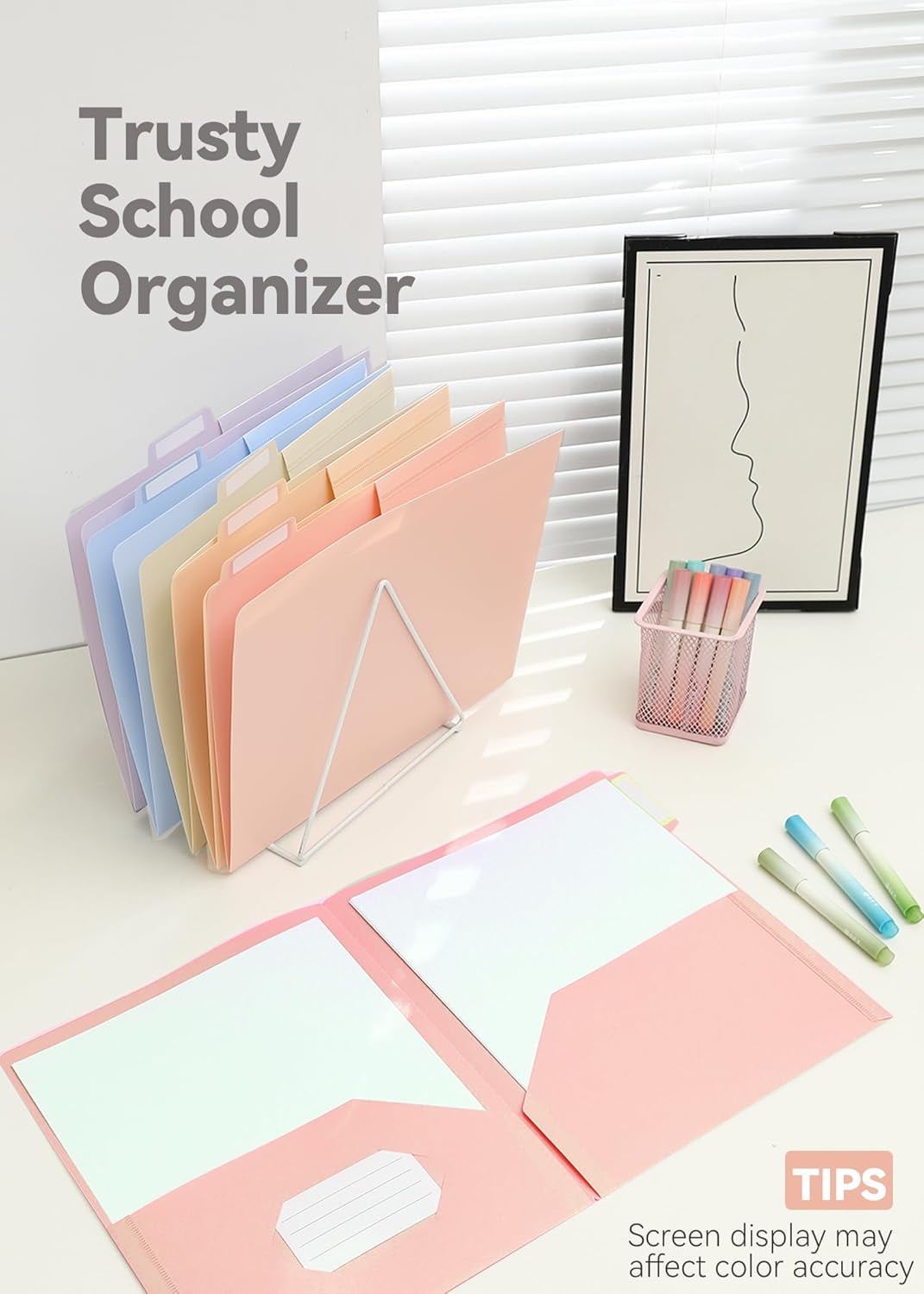 Plastic Folders with Pockets Hole Punched, Pastel Pocket Folders for Ring Binder, Unique Tabs with Colorful Labels, School Folders, Letter Size