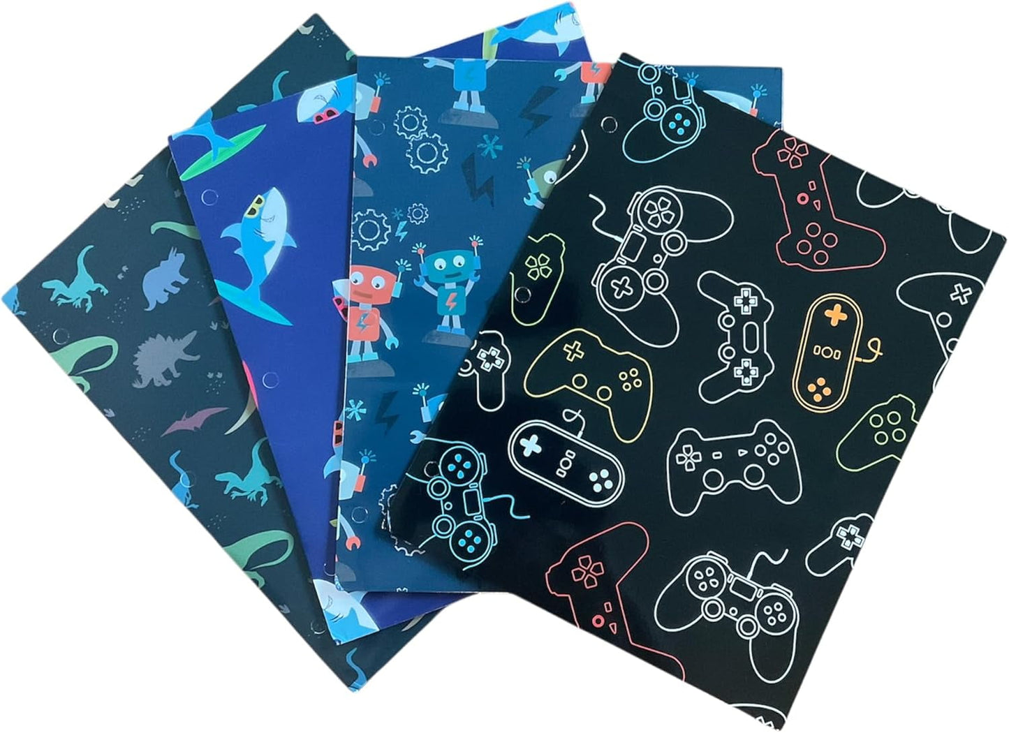 Back to School 2 Pocket Folders Gaming, Surfing Sharks, Robots Dinosaurs 4pk