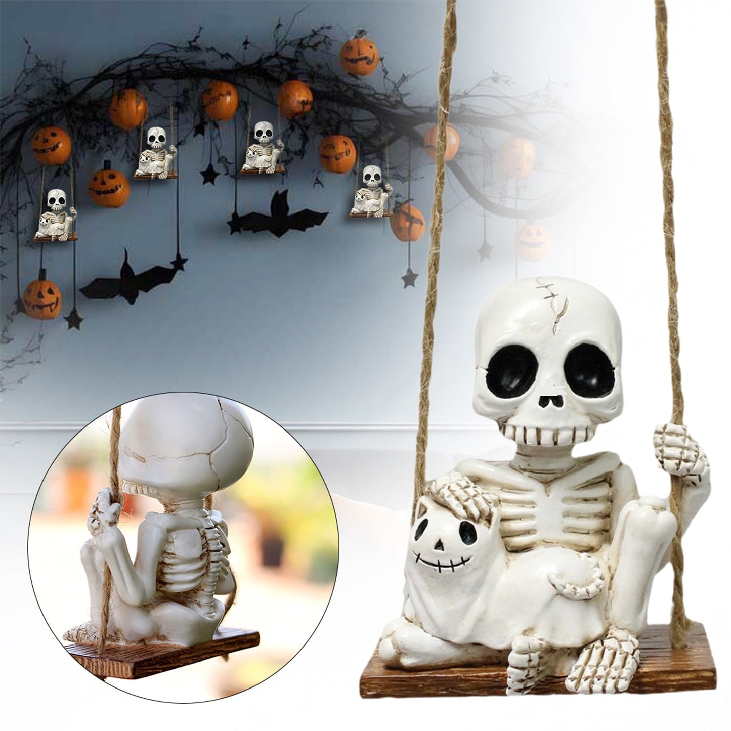 Halloween Skeleton Swing Decoration with Ghost Cat | Resin Garden Statue 3.15in | Outdoor Halloween Decor, Patio & Porch Hanging Ornament