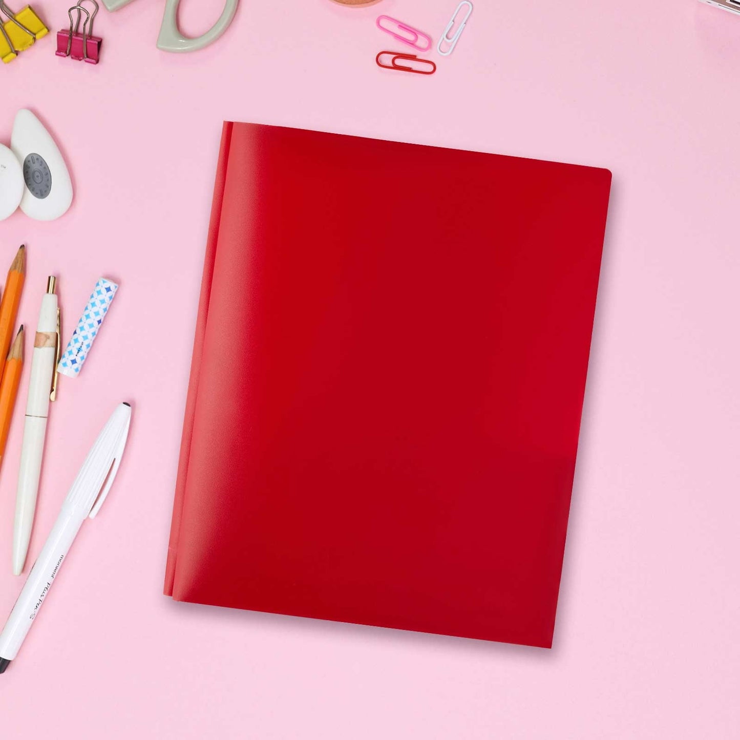 PPKVUFD 2-Pocket 3-Prong Plastic Folder, 1 Pack, Red, 3-Hole Binders with Brads and Pockets, File Folder with Fasteners, Folder with Pockets, Two Pocket Folder(01-Red)