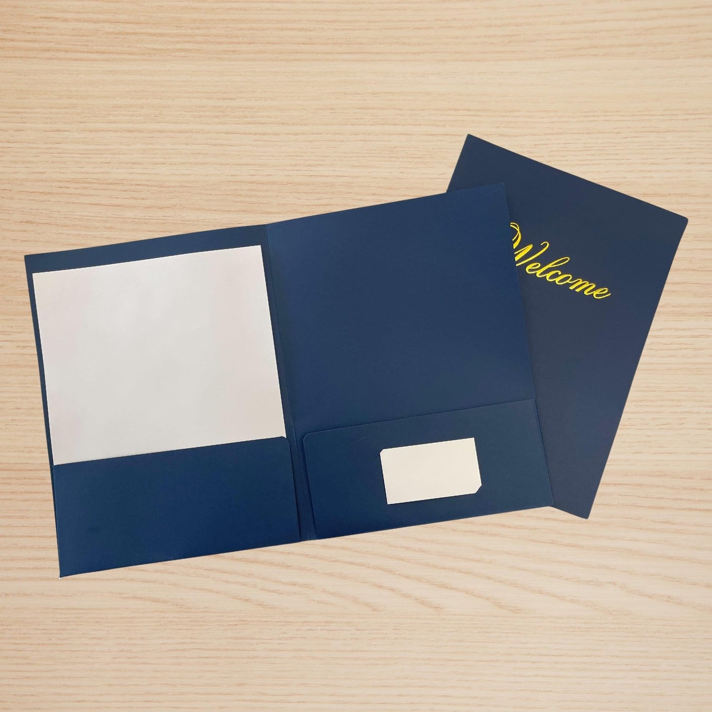 Welcome Packet Folders Dark Blue Linen Full Size with Two Pockets 25 pk 9x12 Gold Foil Membership, Church, Team, New Hire, Visitors Business Card Insert HR Professional