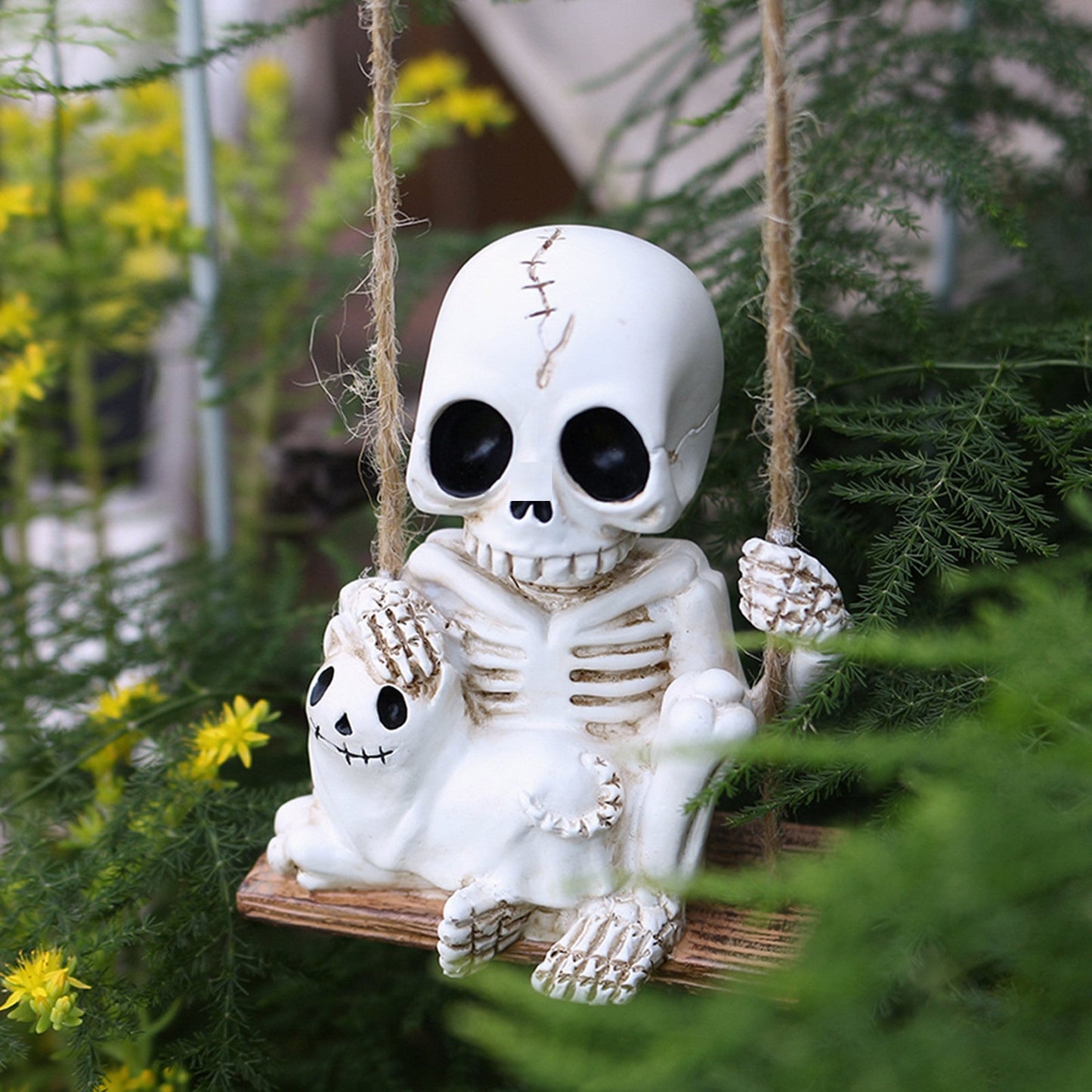 Halloween Skeleton Swing Decoration with Ghost Cat | Resin Garden Statue 3.15in | Outdoor Halloween Decor, Patio & Porch Hanging Ornament
