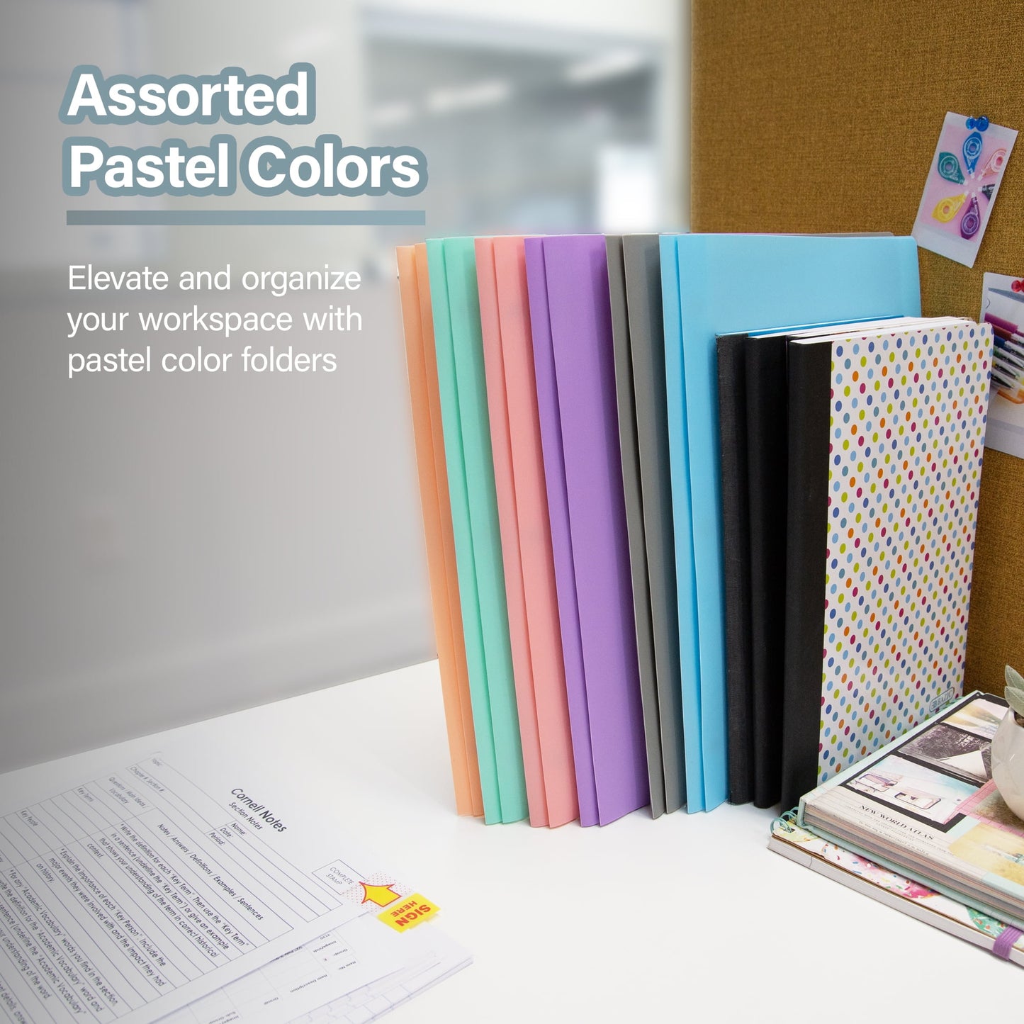 BAZIC 2 Pockets Poly Folder Portfolio, 3 Prong Fastener Clip, Pastel Color, 48-Pack