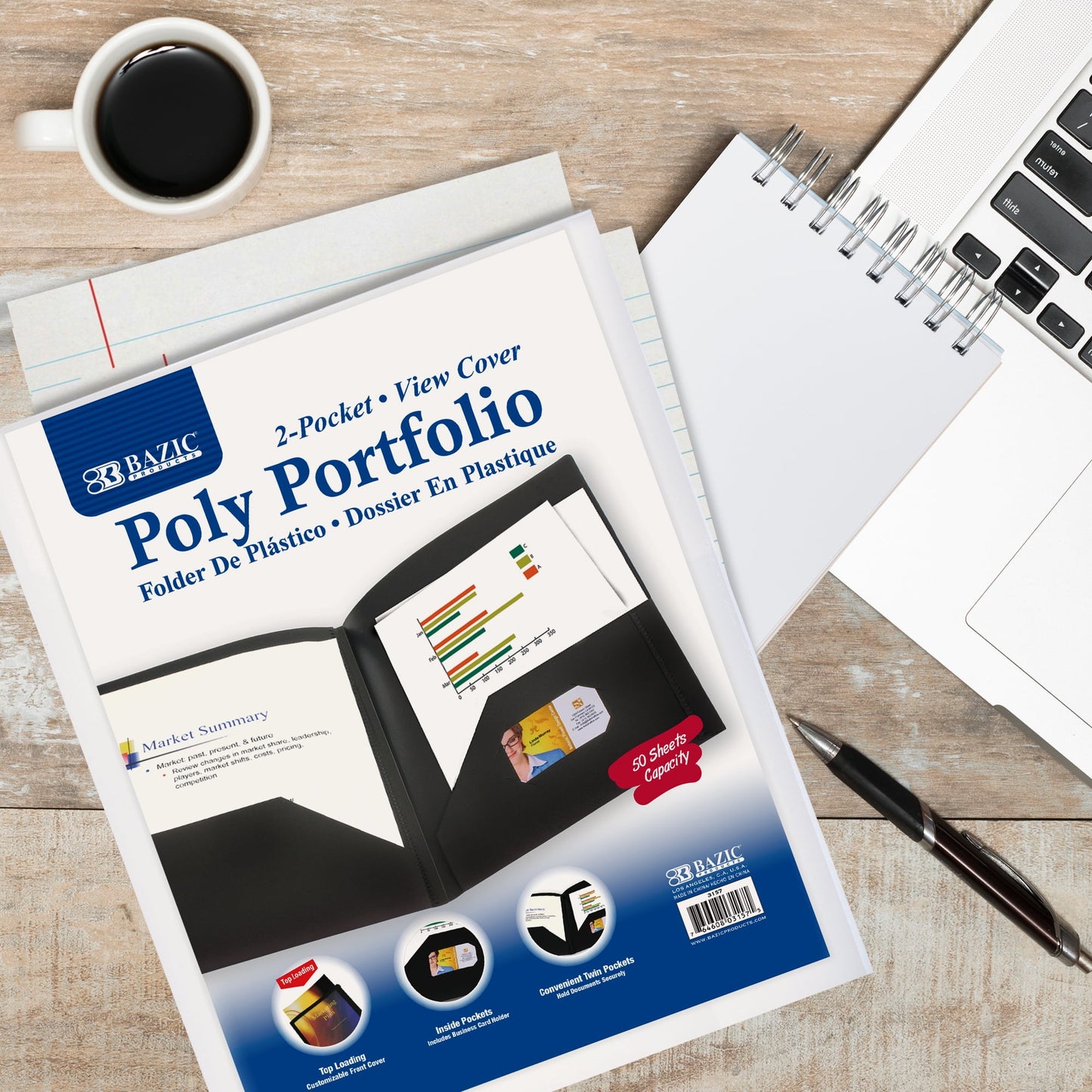 BAZIC 2 Pockets Poly Folder Portfolio w/ View Cover, Document Folders, 2-Pack