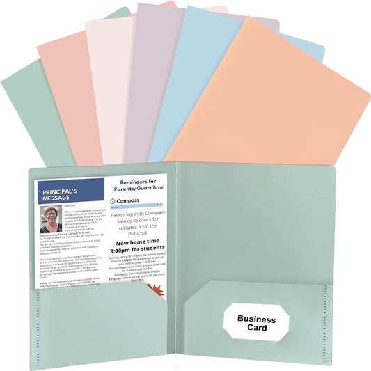 12 Pack Pocket Folders Plastic,6 Assorted Pastel Colors Heavy-Duty Plastic Folders with 2 Pockets, Letter Size Paper File Folders for Home, Office