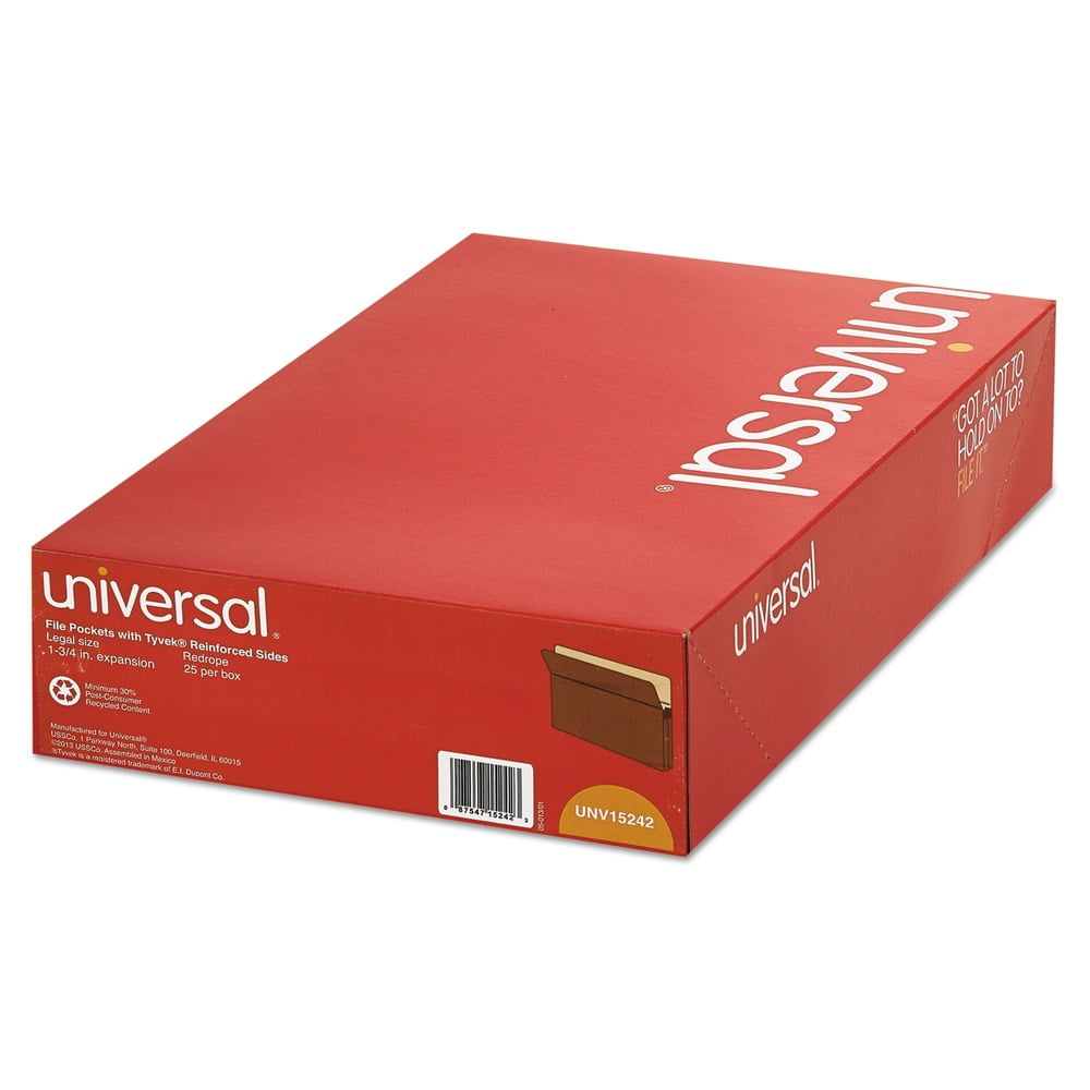 Universal File Pocket 1 3/4" Expansion Red Rope Legal Holds 8 1/2"H x 14"W 25/Bx (UNV15242)