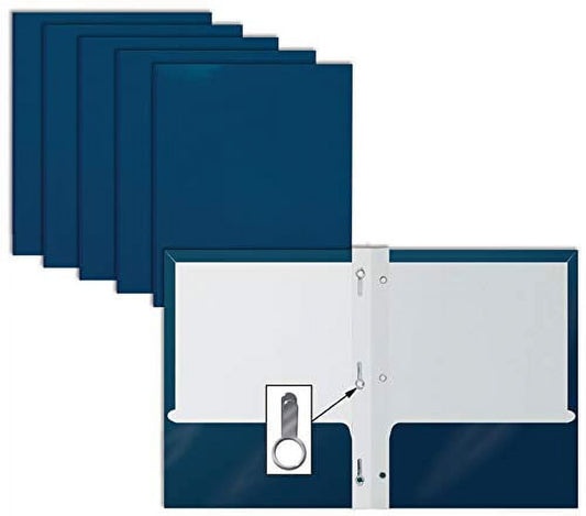 2 Pocket Glossy Navy Blue Paper Folders with Prongs, by Better Office Products, Letter Size, High Gloss Navy Blue Paper Portfolios with 3 Metal Prong Fasteners, Box of 25 Glossy Dark Blue Folders