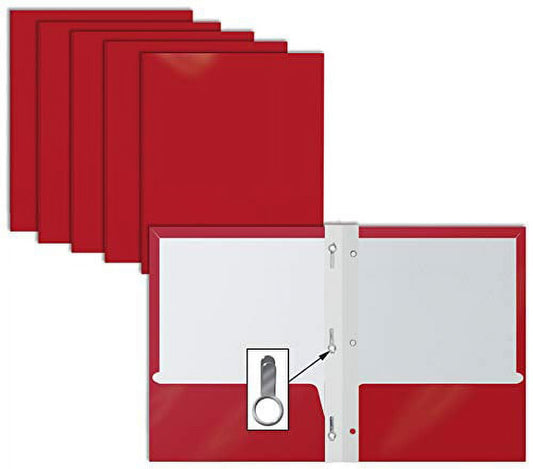 2 Pocket Glossy RED Paper Folders with Prongs, 25 Pack, by Better Office Products, Letter Size, High Gloss Red Paper Portfolios with 3 Metal Prong Fasteners, Box of 25 Glossy Red Folders