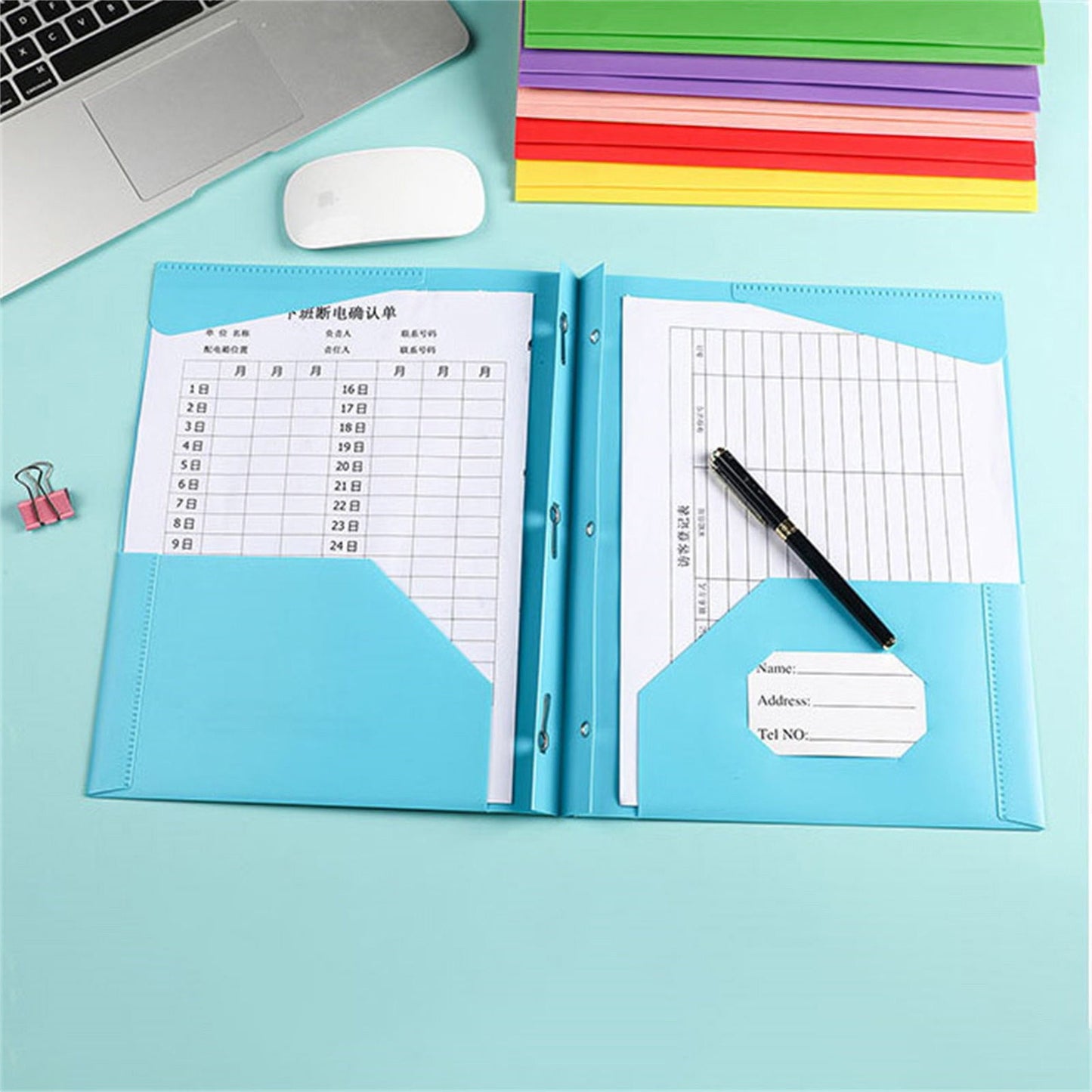 Plastic Folders with 3 Prongs Fasteners, 2 Pockets Folders with Brads & Business Card Holder for Letter Size Paper, Heavy Duty Folders for School Home Office and Business, 9.57x11.73"