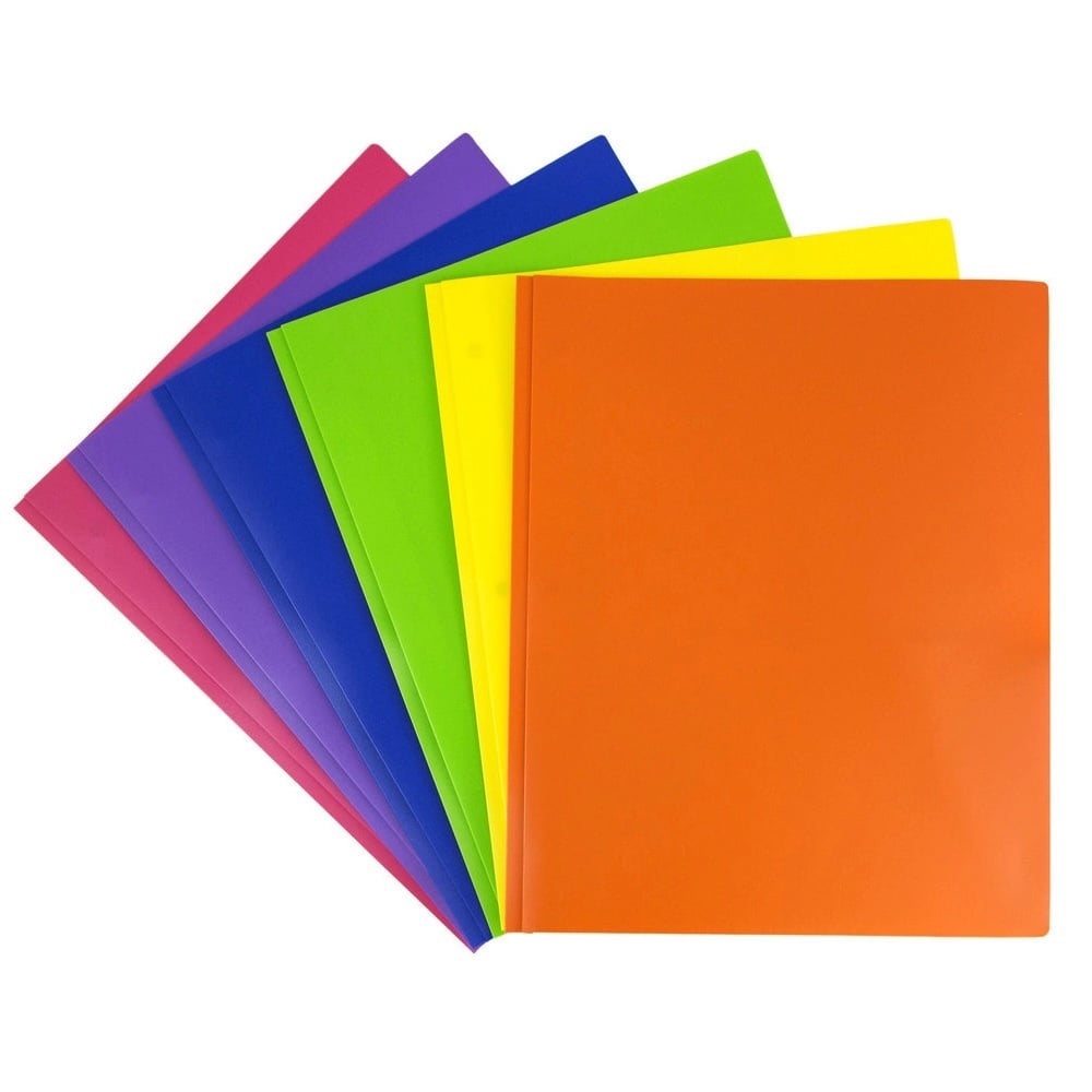 BETTER THAN BASIC Plastic 2 Pocket School Folders with Metal Prongs Fastener Clasps, Assorted Rainbow Primary Colors, 6/Pack
