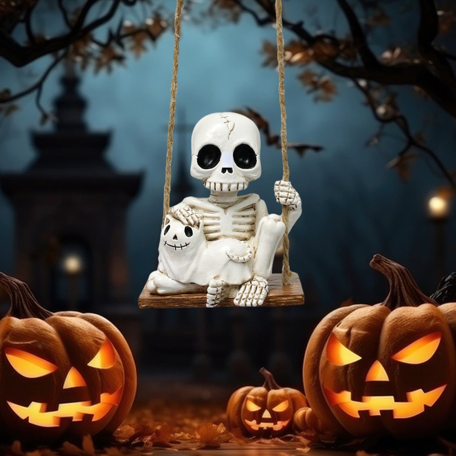 Halloween Skeleton Swing Decoration with Ghost Cat | Resin Garden Statue 3.15in | Outdoor Halloween Decor, Patio & Porch Hanging Ornament
