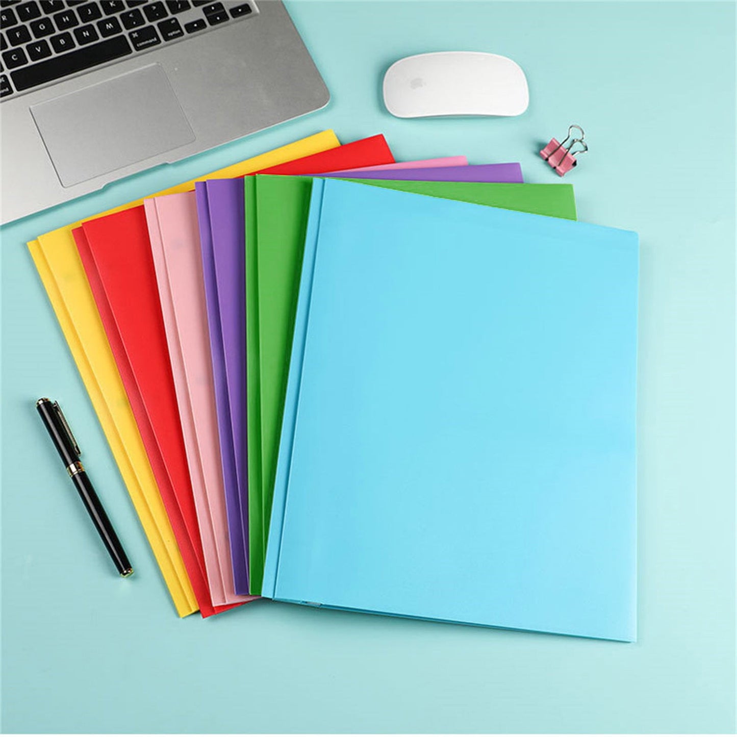 Plastic Folders with 3 Prongs Fasteners, 2 Pockets Folders with Brads & Business Card Holder for Letter Size Paper, Heavy Duty Folders for School Home Office and Business, 9.57x11.73"