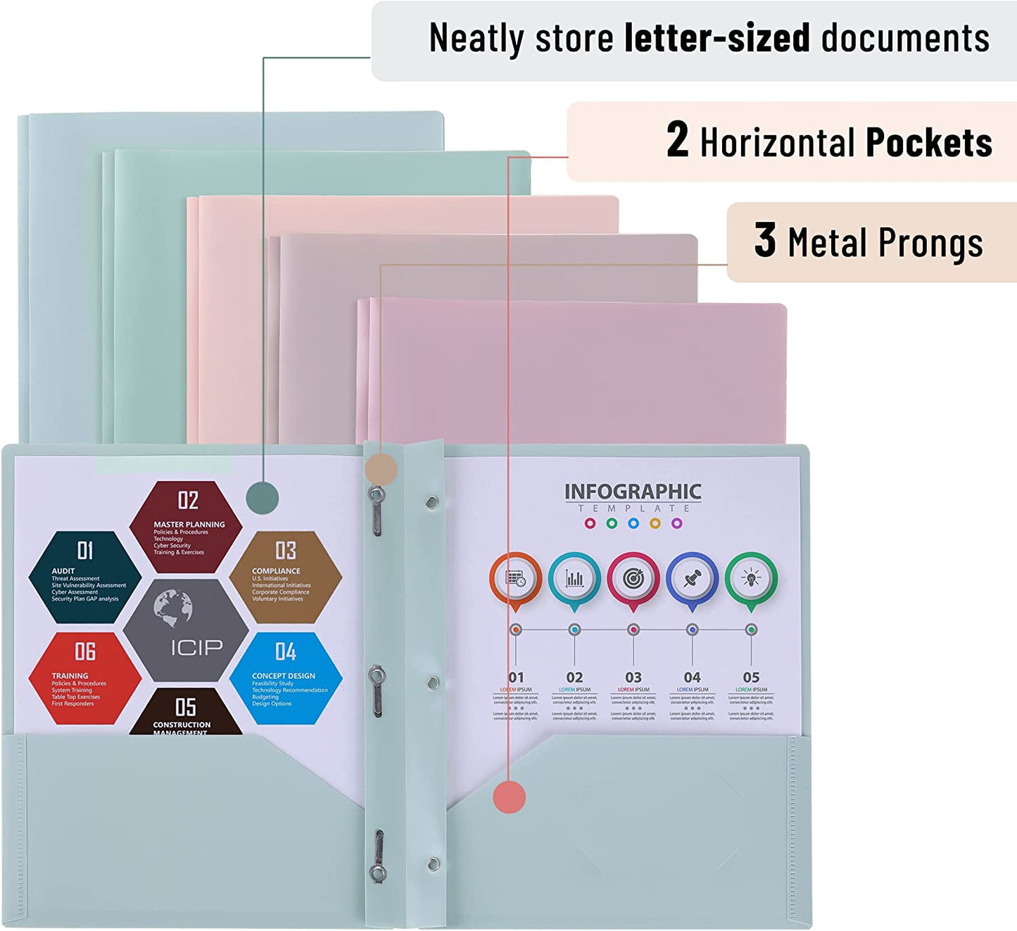 Mr. Pen- Plastic Folders with Pockets and Prong, 5 Pack, Muted Pastel Colors