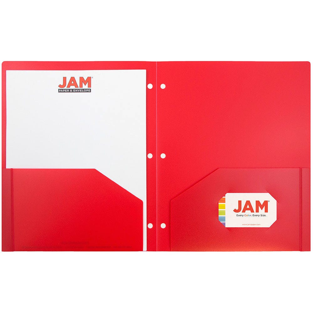 JAM Paper Heavy Duty Plastic 3 Hole Punch Pocket Folders, Extra Tough, Red, Bulk 144/Box