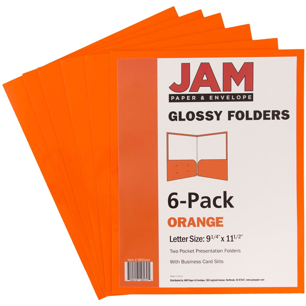 JAM Paper Glossy Two Pocket Folders, Orange, 6 per Pack