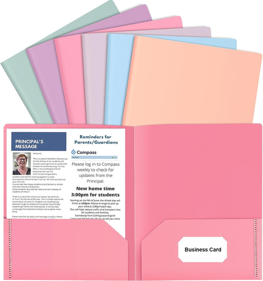 6 Pack Colored File Folders with Pockets and Business Card Holder, Pastel Decorative Pocket Folders for Documents, Cute Plastic Folders for Filing Cabinet, School, Office, Resume Portfolio