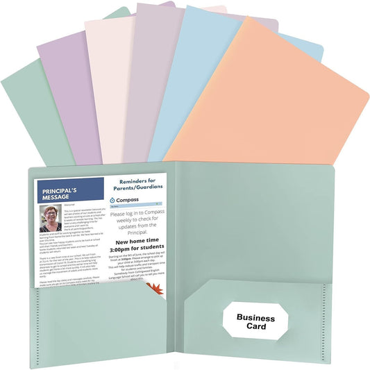 6 Pack Plastic Folders with Pockets, 6 Color Heavy Duty Two Pocket Folder with Business Card Holder for Office High School Business Resume