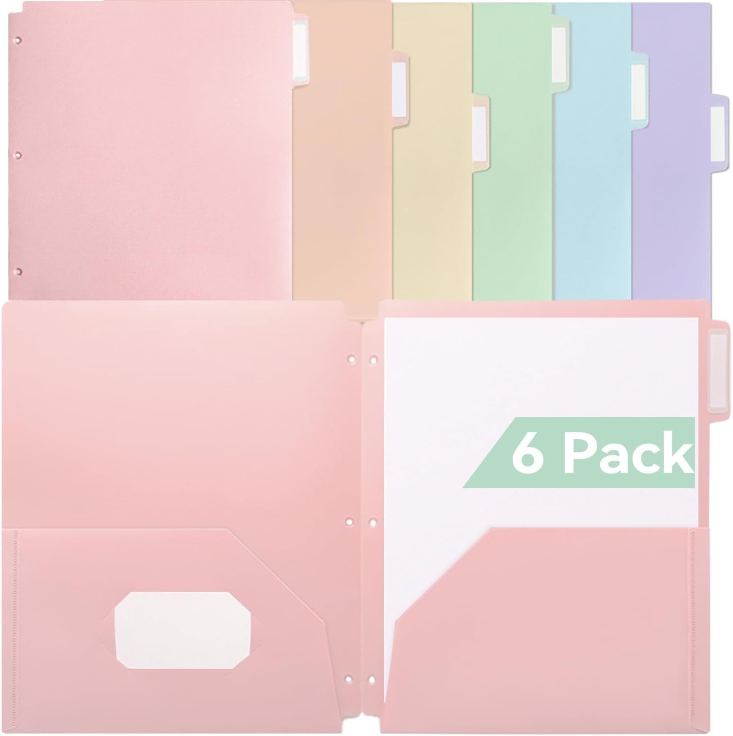 MetalM Plastic Folders with Pockets, 6 Pack Purple Folders for School, Unique 1/3 Cut Tabs with Colorful Labels, Letter Size