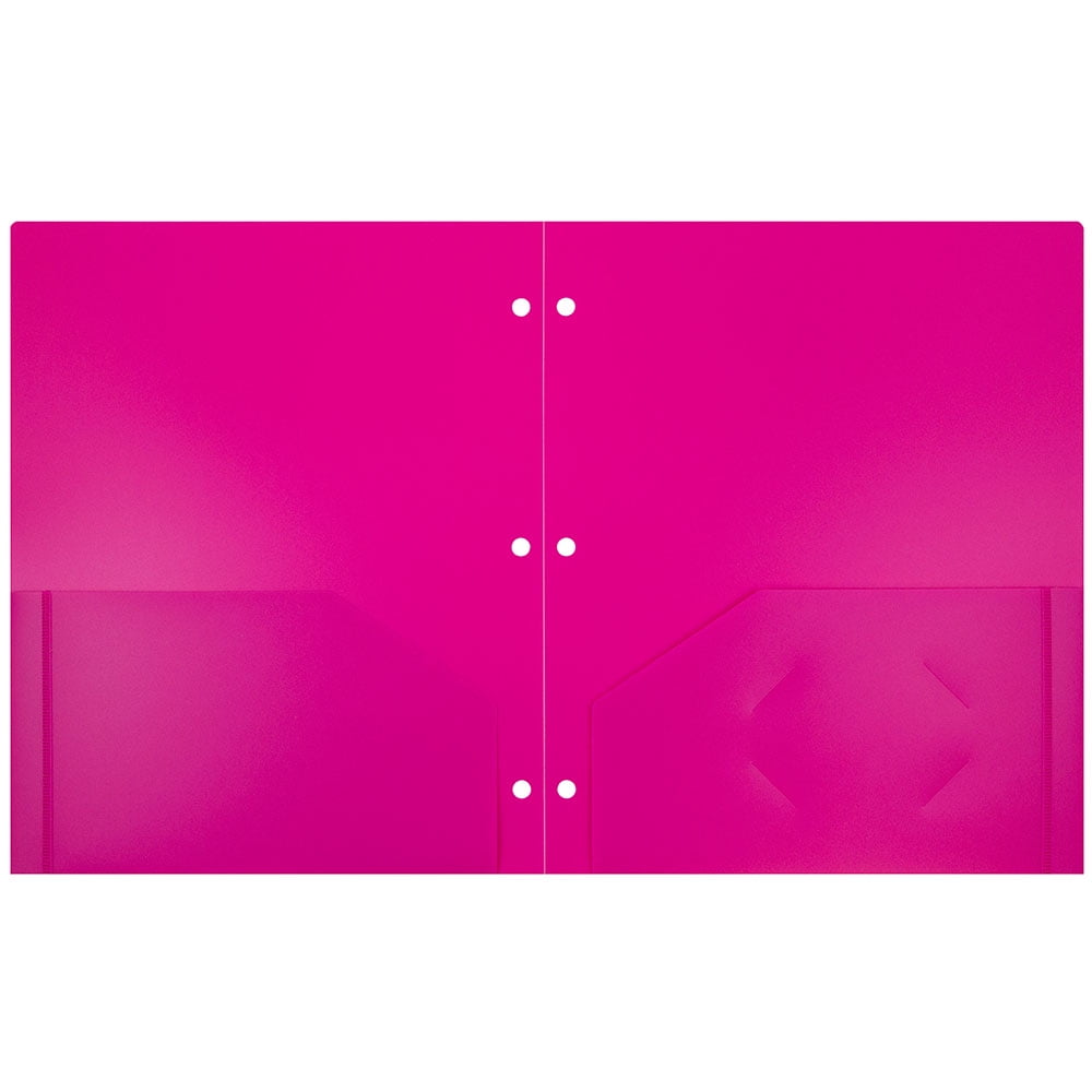 JAM Paper Heavy Duty Plastic 3 Hole Punch School Folders with Pockets, Fuchsia Hot Pink, 6/Pack