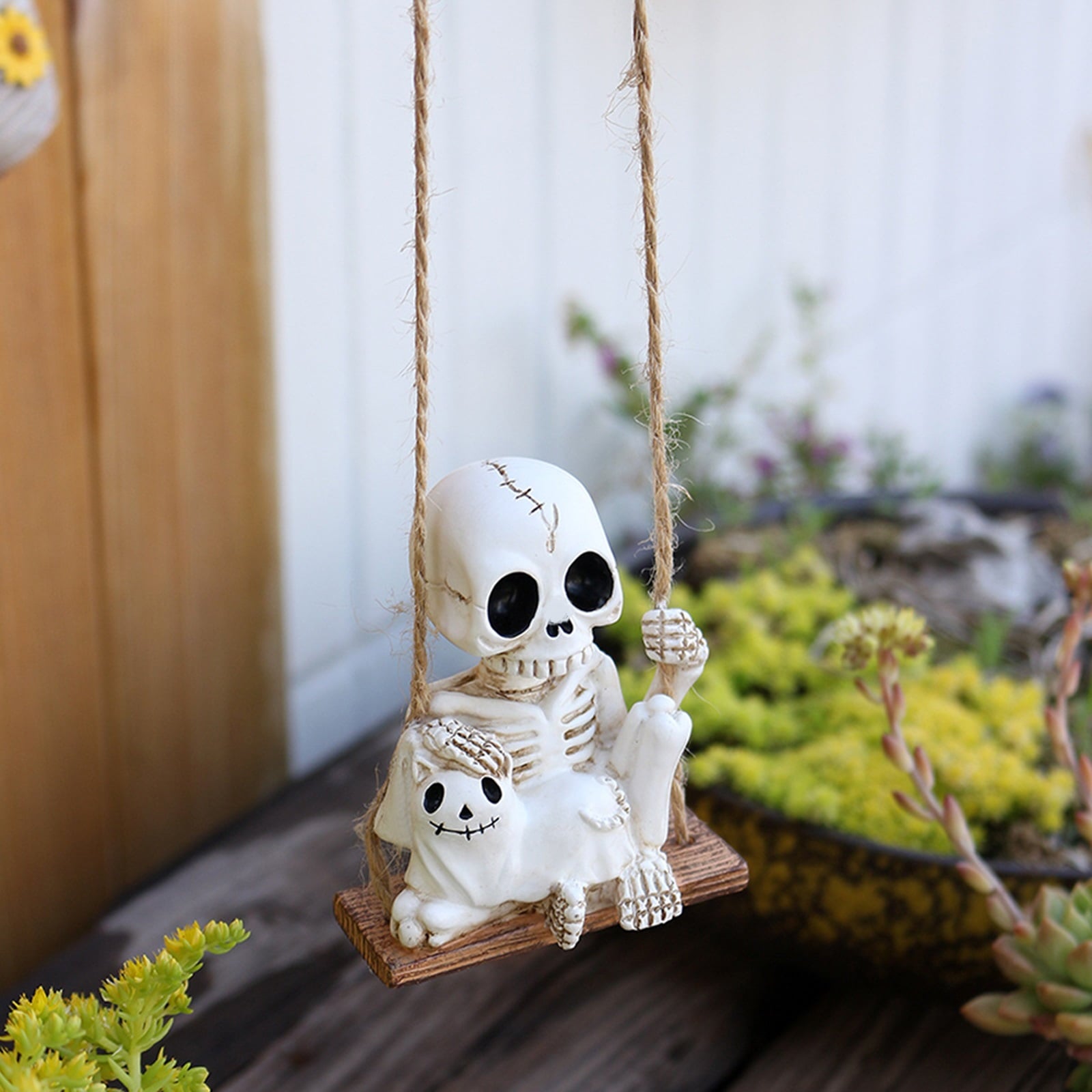 Halloween Skeleton Swing Decoration with Ghost Cat | Resin Garden Statue 3.15in | Outdoor Halloween Decor, Patio & Porch Hanging Ornament