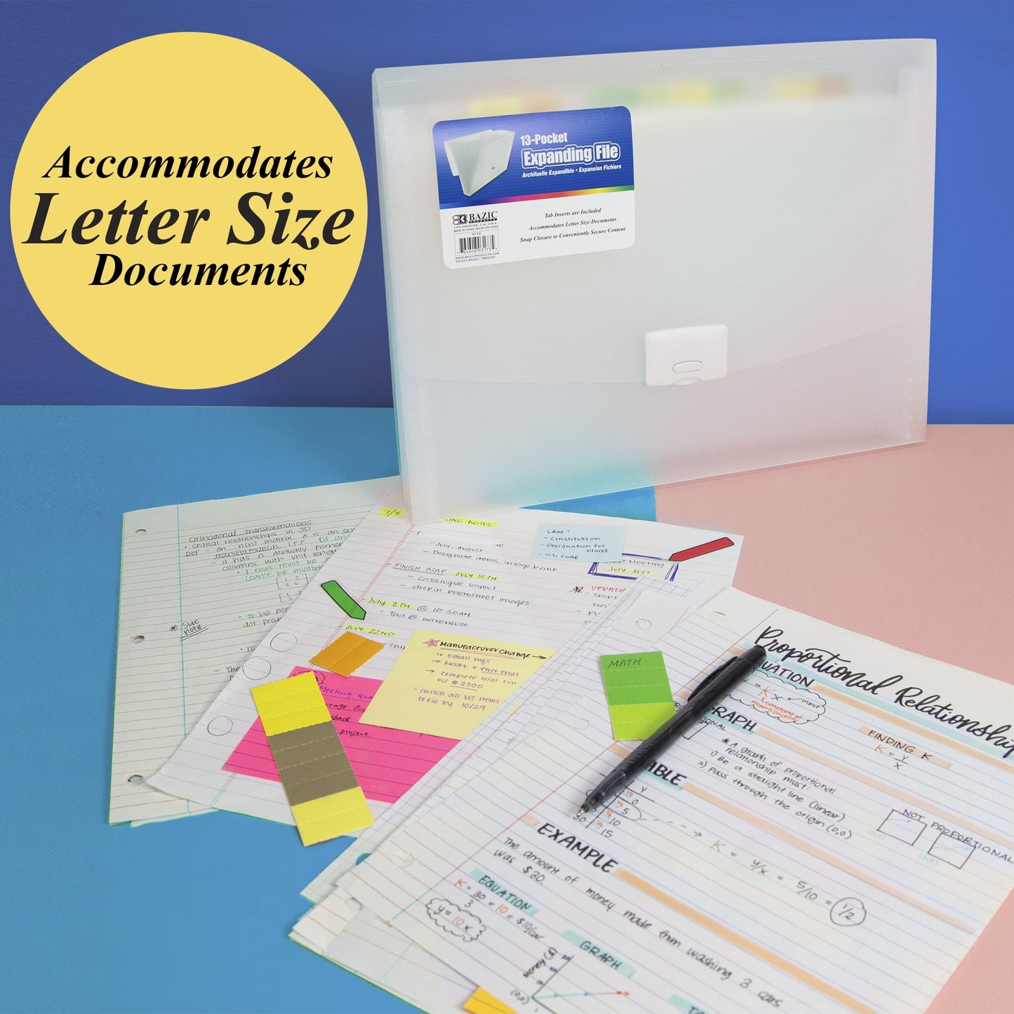 BAZIC Expanding File Folder 13 Pockets Color Tab, Document Envelopes, 2-Pack