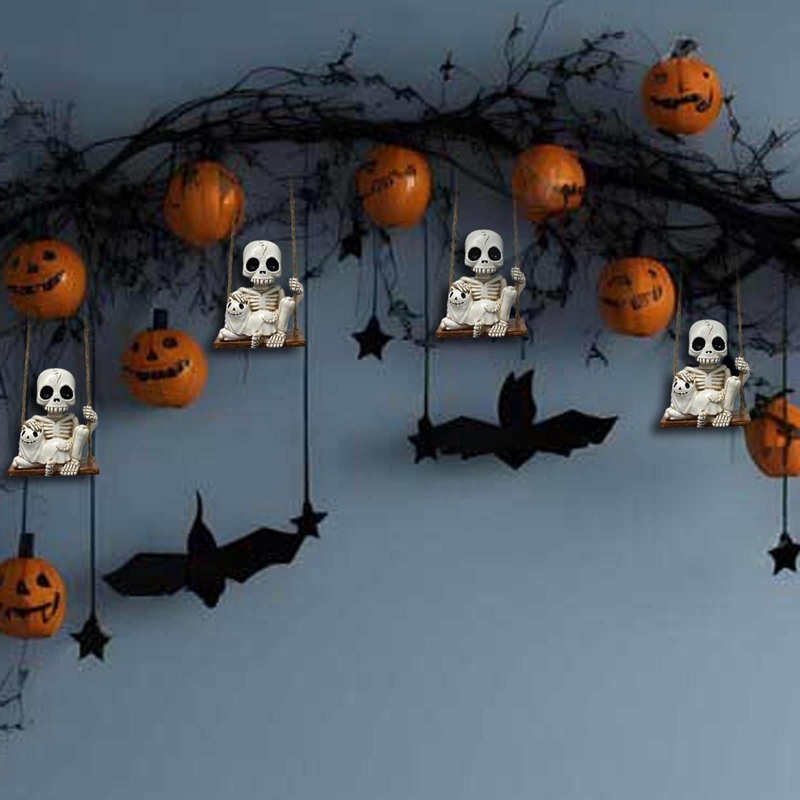 Halloween Skeleton Swing Decoration with Ghost Cat | Resin Garden Statue 3.15in | Outdoor Halloween Decor, Patio & Porch Hanging Ornament