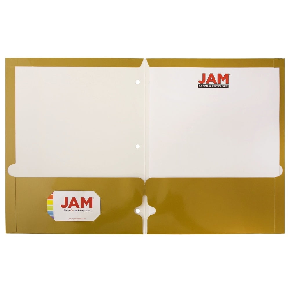 JAM Paper Glossy 3 Hole Punch Folders, Gold, 25/Pack