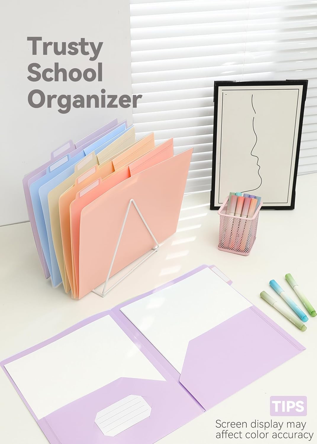 MetalM Plastic Folders with Pockets, 6 Pack Purple Folders for School, Unique 1/3 Cut Tabs with Colorful Labels, Letter Size