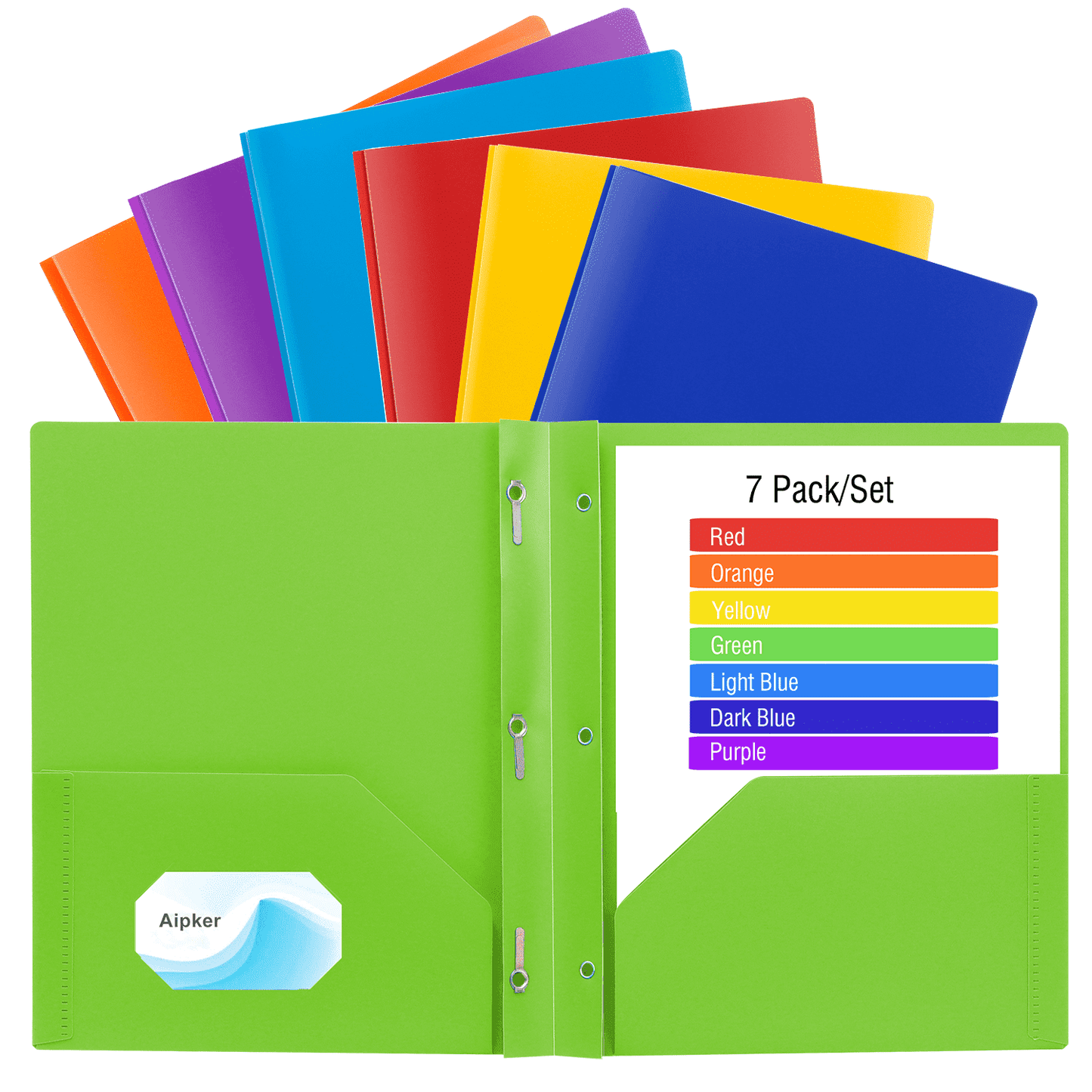 Aipker 7-Color Folders with Pockets and Prongs, Pockets Folder with Business Card Slots, Set of 7 Pack