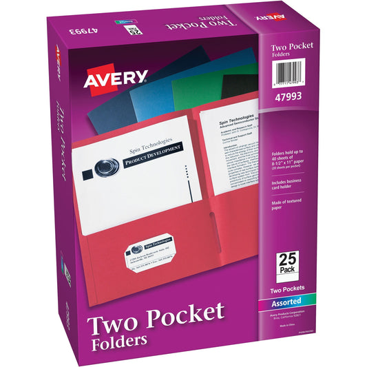 Avery® Letter Pocket Folder - 8 1/2" X 11" - 40 Sheet Capacity - 2 Internal Pocket(s) - Assorted - 125 / Carton