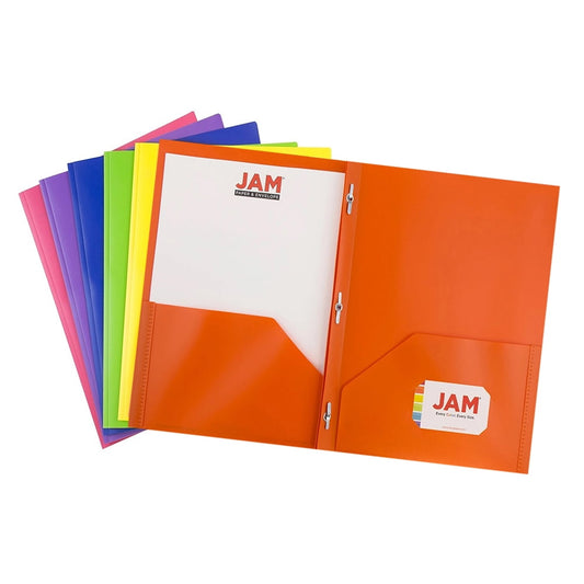 BETTER THAN BASIC Plastic 2 Pocket School Folders with Metal Prongs Fastener Clasps, Assorted Rainbow Primary Colors, 6/Pack