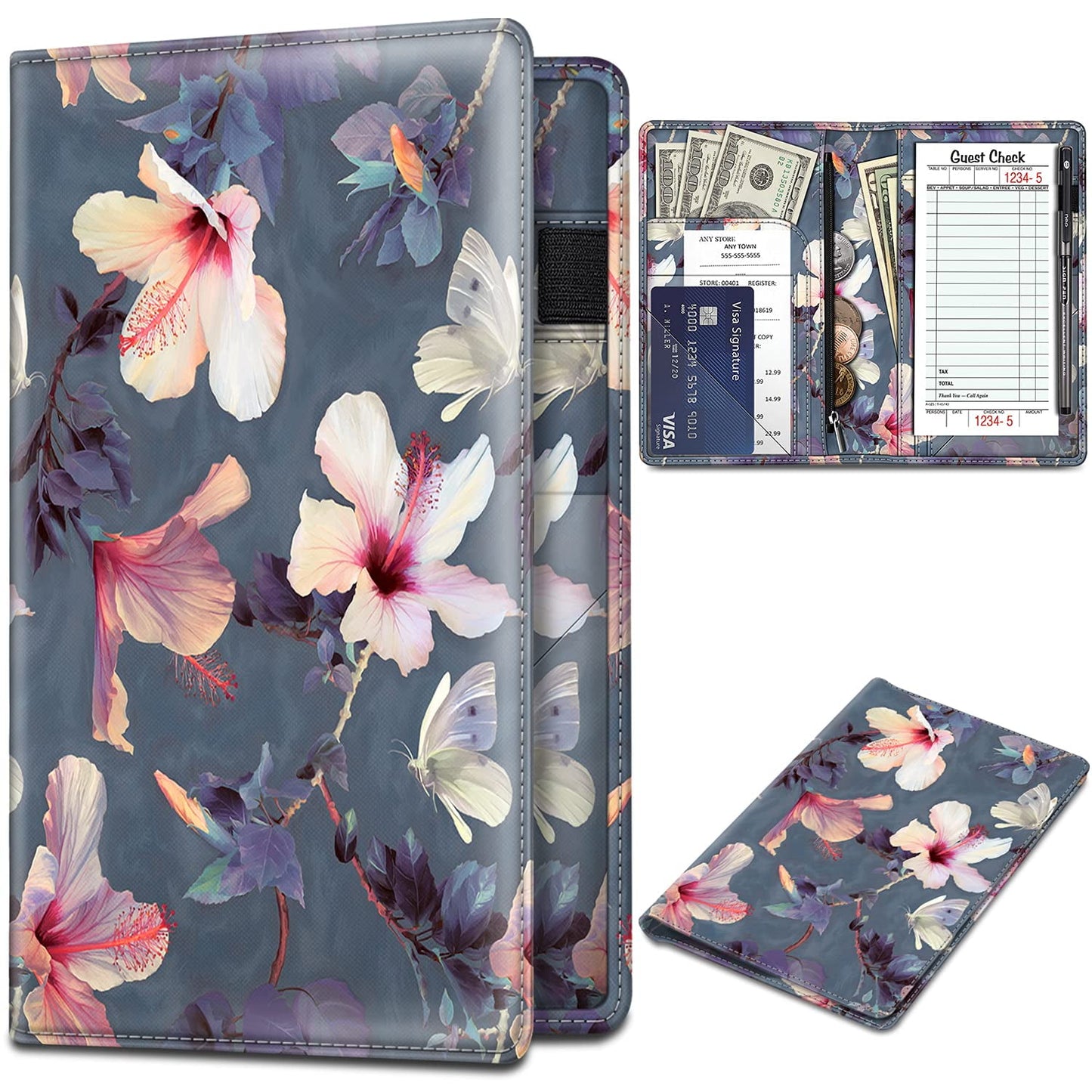Fintie Server Book Organizer with Zipper Pocket, PU Leather Restaurant Guest Check Presenters Card Holder for Waitress Waiter Bartender, Sandy Wave