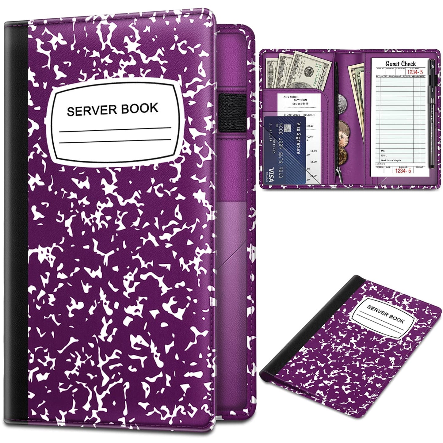 Fintie Server Book Organizer with Zipper Pocket, PU Leather Restaurant Guest Check Presenters Card Holder for Waitress Waiter Bartender, Sandy Wave