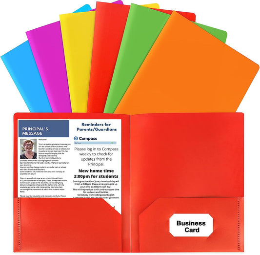 Futhstar Plastic Folders with Pockets, 6 Color Heavy Duty Two Pocket Folder Business Card Holder for Office High School(Multi-color)