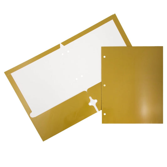JAM Paper Glossy 3 Hole Punch Folders, Gold, 25/Pack