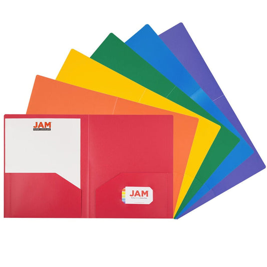 JAM Paper Heavy Duty Plastic 2 Pocket Extra Tough School Folders, Assorted Primary Colors, Bulk 144/Box
