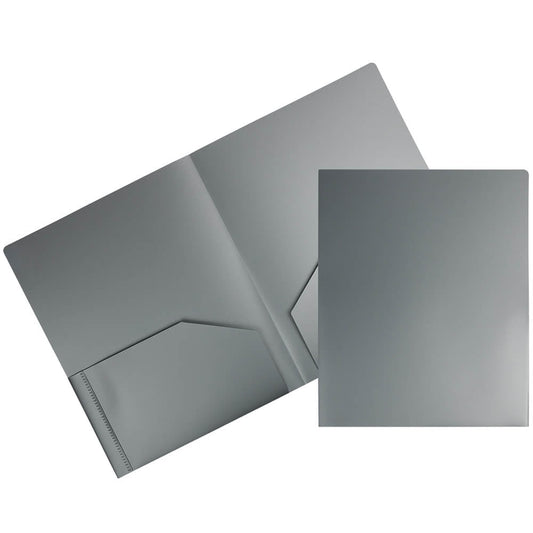 JAM Paper Heavy Duty Plastic 2 Pocket School Folders, Silver, 6/Pack