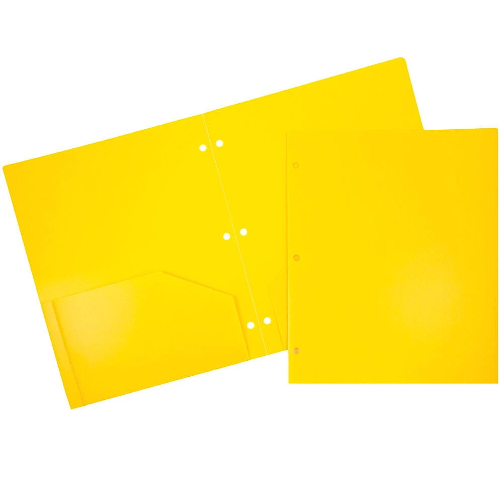 JAM Paper Heavy Duty Plastic 3 Hole Punch Pocket Folders, Extra Tough, Yellow, Bulk 48/Pack