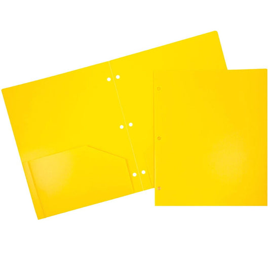 JAM Paper Heavy Duty Plastic 3 Hole Punch Pocket Folders, Extra Tough, Yellow, Bulk 48/Pack