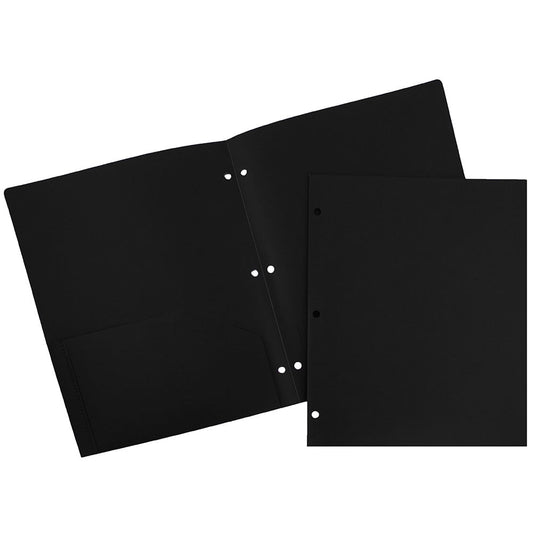 JAM Paper Heavy Duty Plastic 3 Hole Punch School Folders with Pockets, Black, 6 per Pack