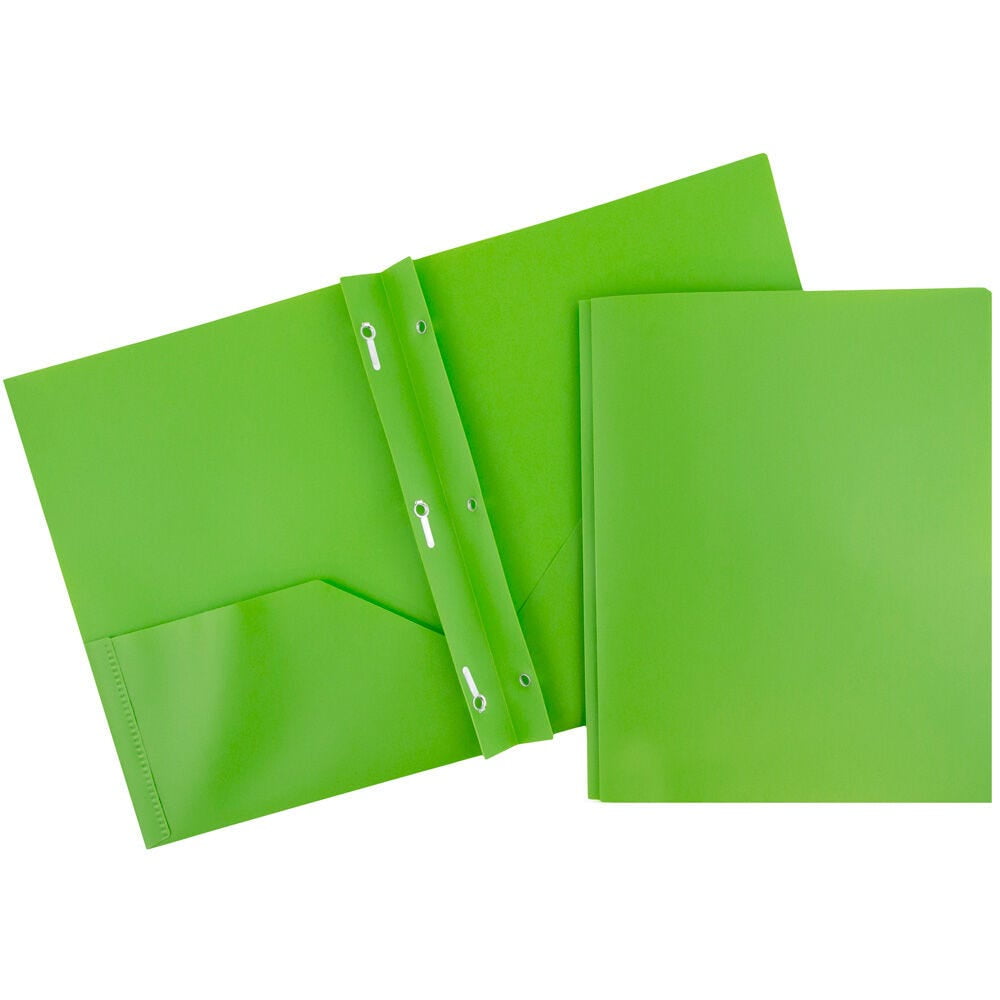 JAM Paper Plastic 2 Pocket School POP Folders with Metal Prongs Fastener Clasps, Lime Green, 3/Pack