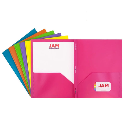 JAM Paper Two Pocket Plastic Folders with Clasps, Assorted Fashion Colors, 6 per pack