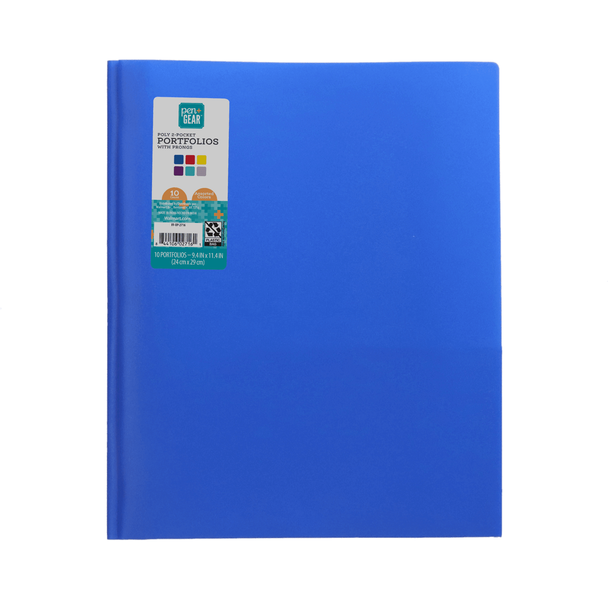 Pen+Gear 2 Pocket Poly Portfolio with Prongs, Multicolor, 10 Count