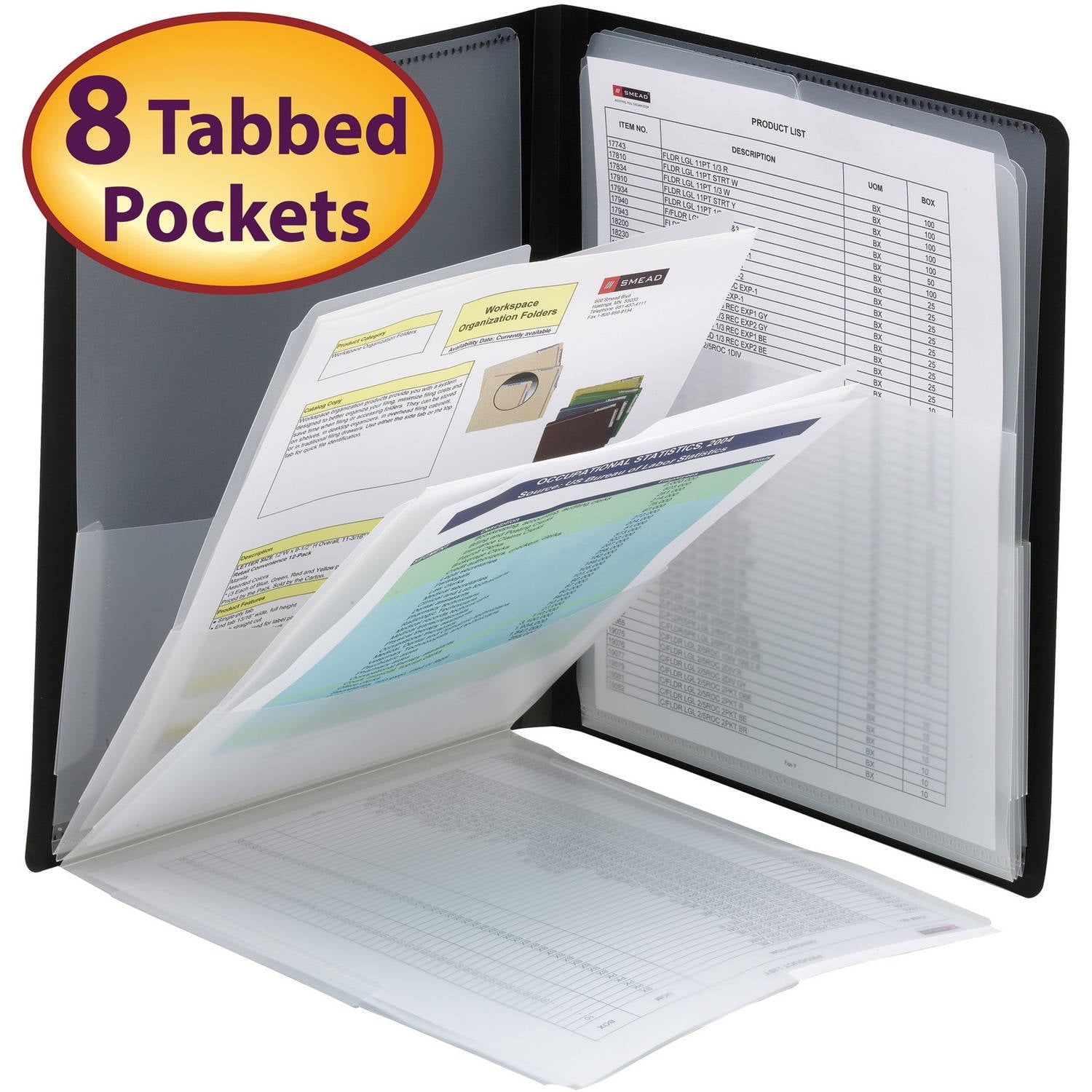 Smead Organized Up® Multi Pocket Organizer, Eight Pockets, Letter Size, Black (87722)